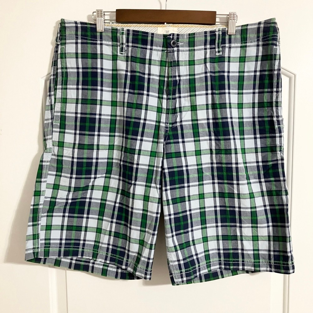 GAP 100% Cotton Plaid Mid Rise Flat Front Chino Short Green Men's 38